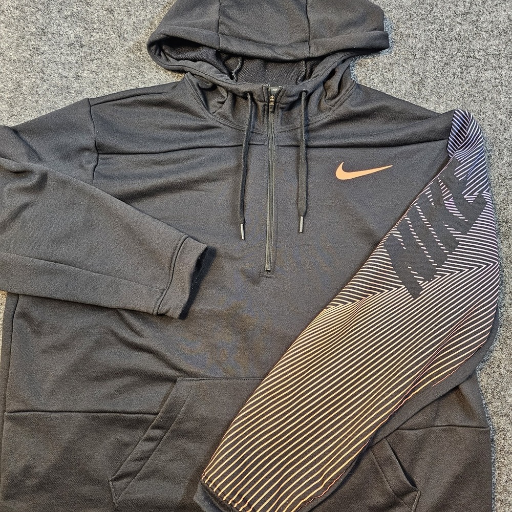 Nike Dri-Fit Pullover 1/2 Zip Hoodie Mens XL Black Orange Swoosh Graphic Neon